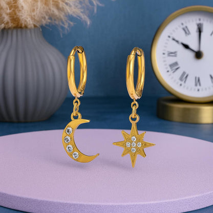 Moon and Star Mismatched CZ Drop Earrings – 925 Sterling Silver
