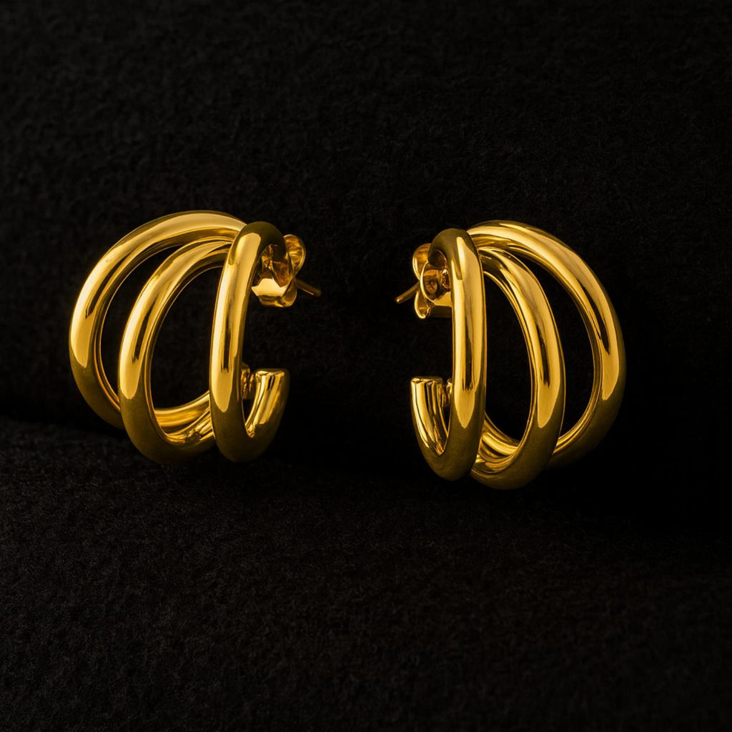 Triple Bold Chunky Hoop Earrings 925 Sterling Silver Yellow Plated