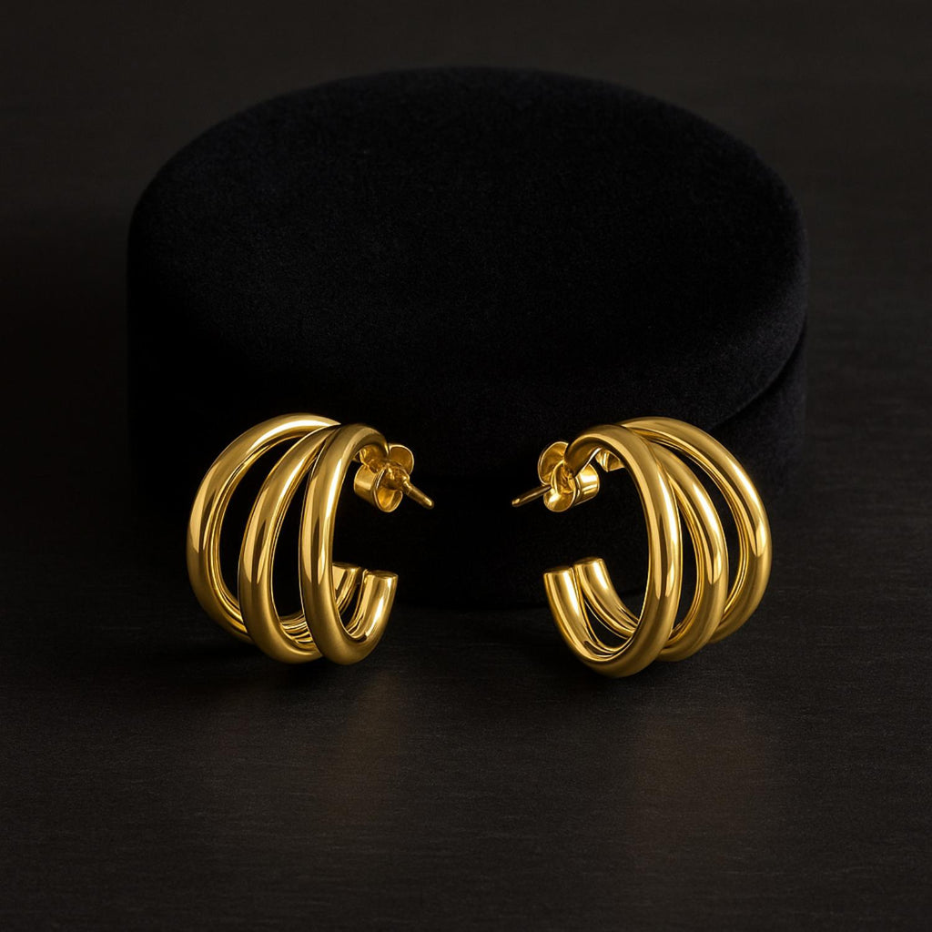 Triple Bold Chunky Hoop Earrings 925 Sterling Silver Yellow Plated
