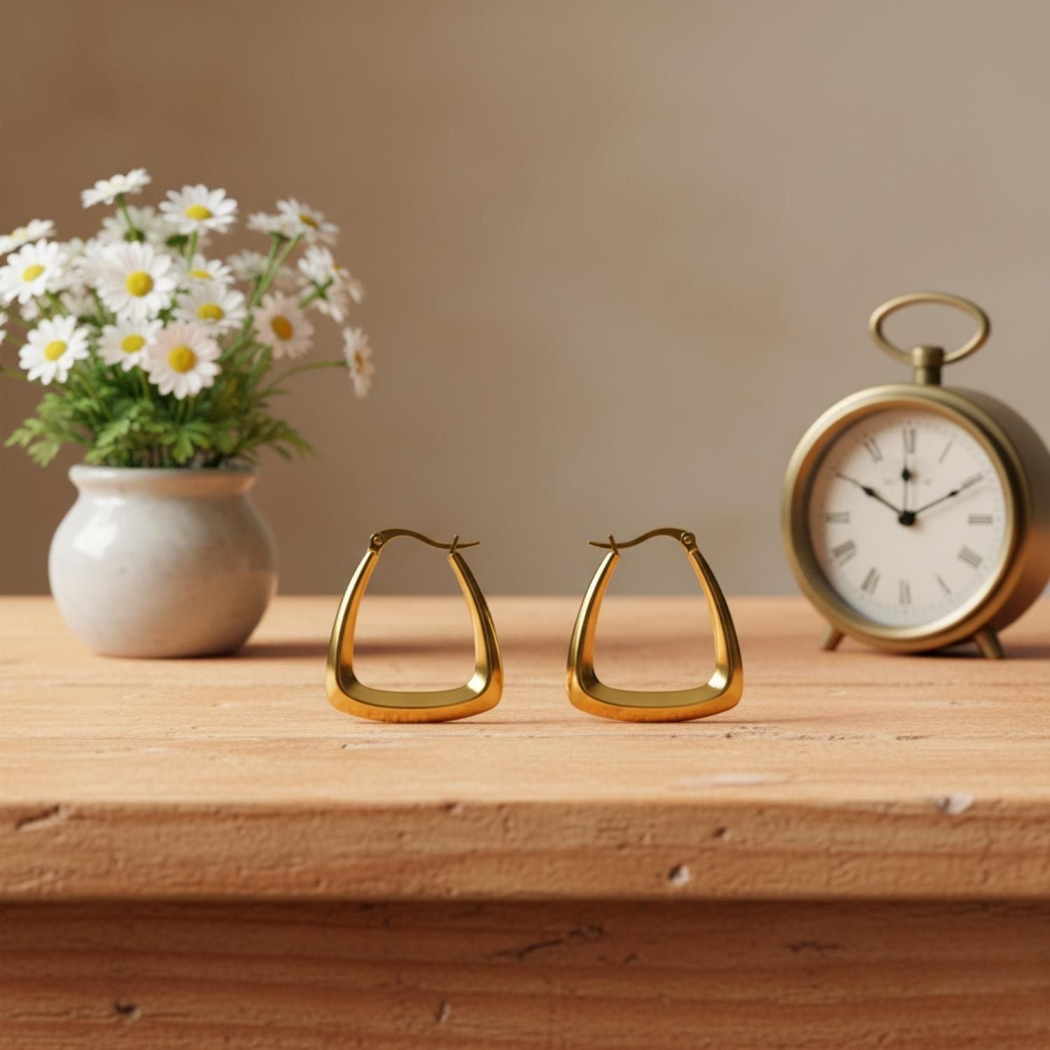 Geometric Triangle Shaped Hoop Earrings 925 Sterling Silver Yellow Plated