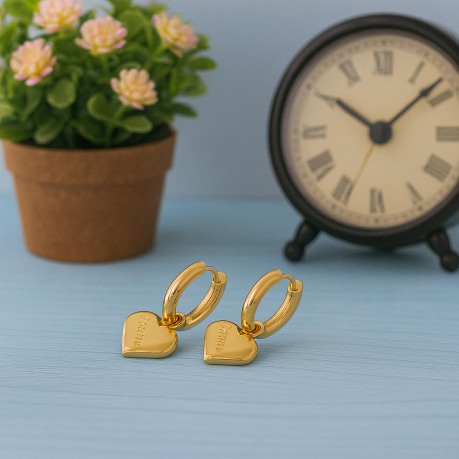 Forever Engraved Heart Charm Hoop Earrings – 925 Sterling Silver