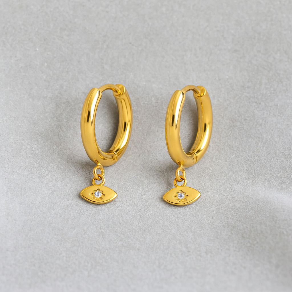 Evil Eye Charm Hoop Earrings 925 Sterling Silver Yellow Plated