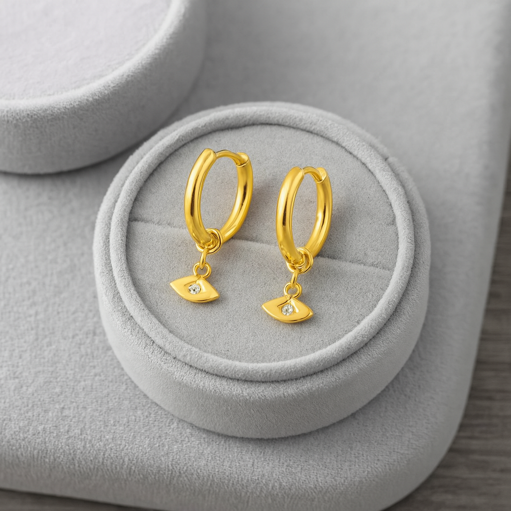 Evil Eye Charm Hoop Earrings 925 Sterling Silver Yellow Plated