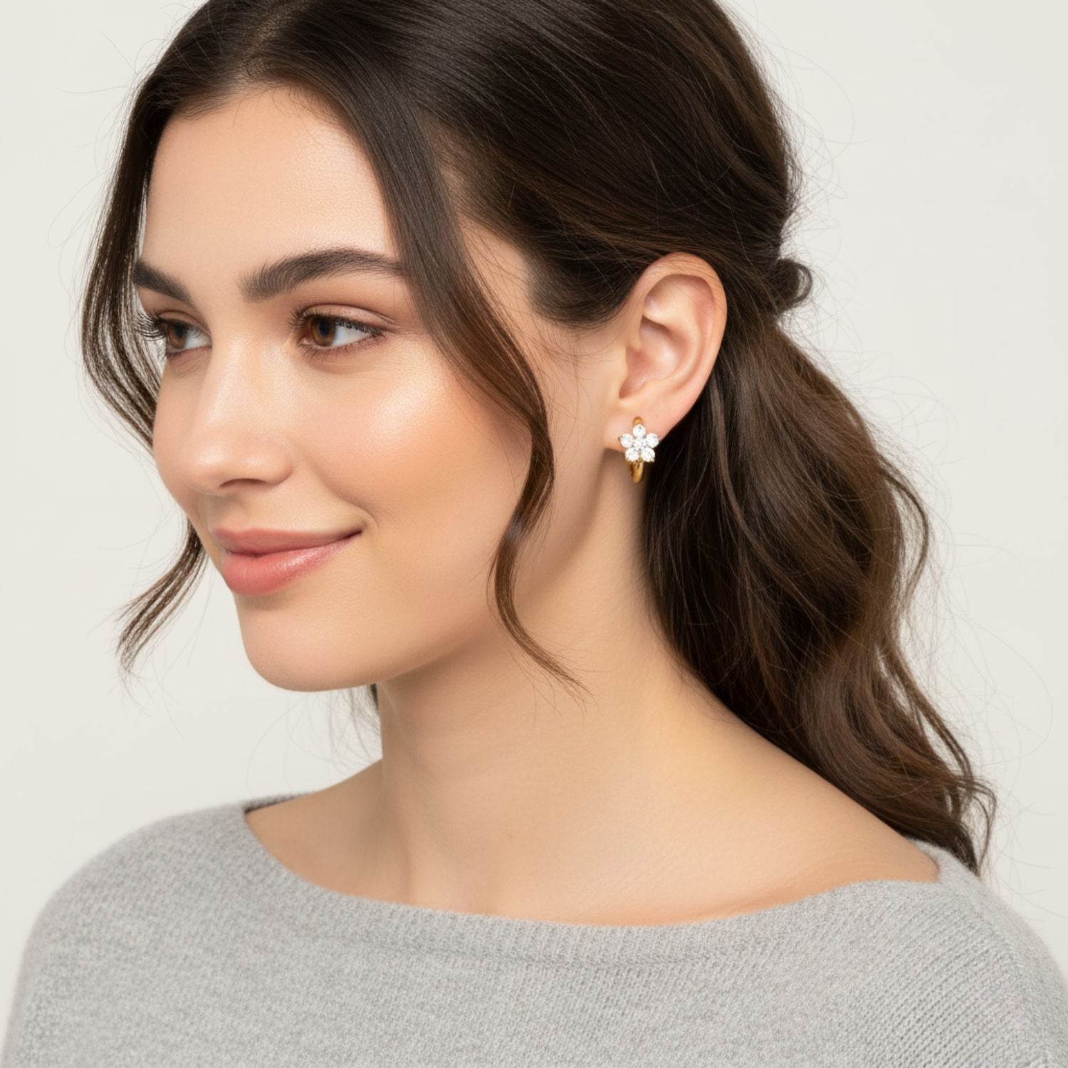 Floral Crystal Hoop Earrings 925 Sterling Silver Yellow Plated