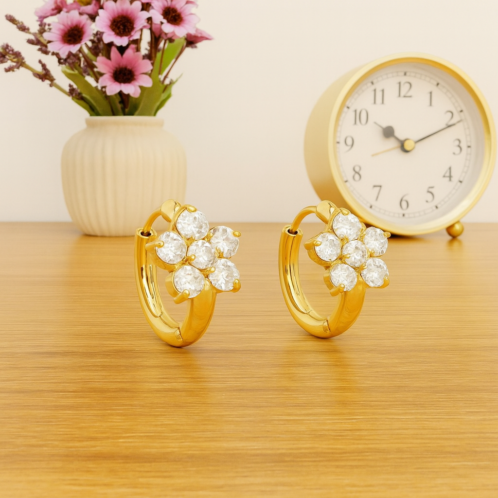 Floral Crystal Hoop Earrings 925 Sterling Silver Yellow Plated