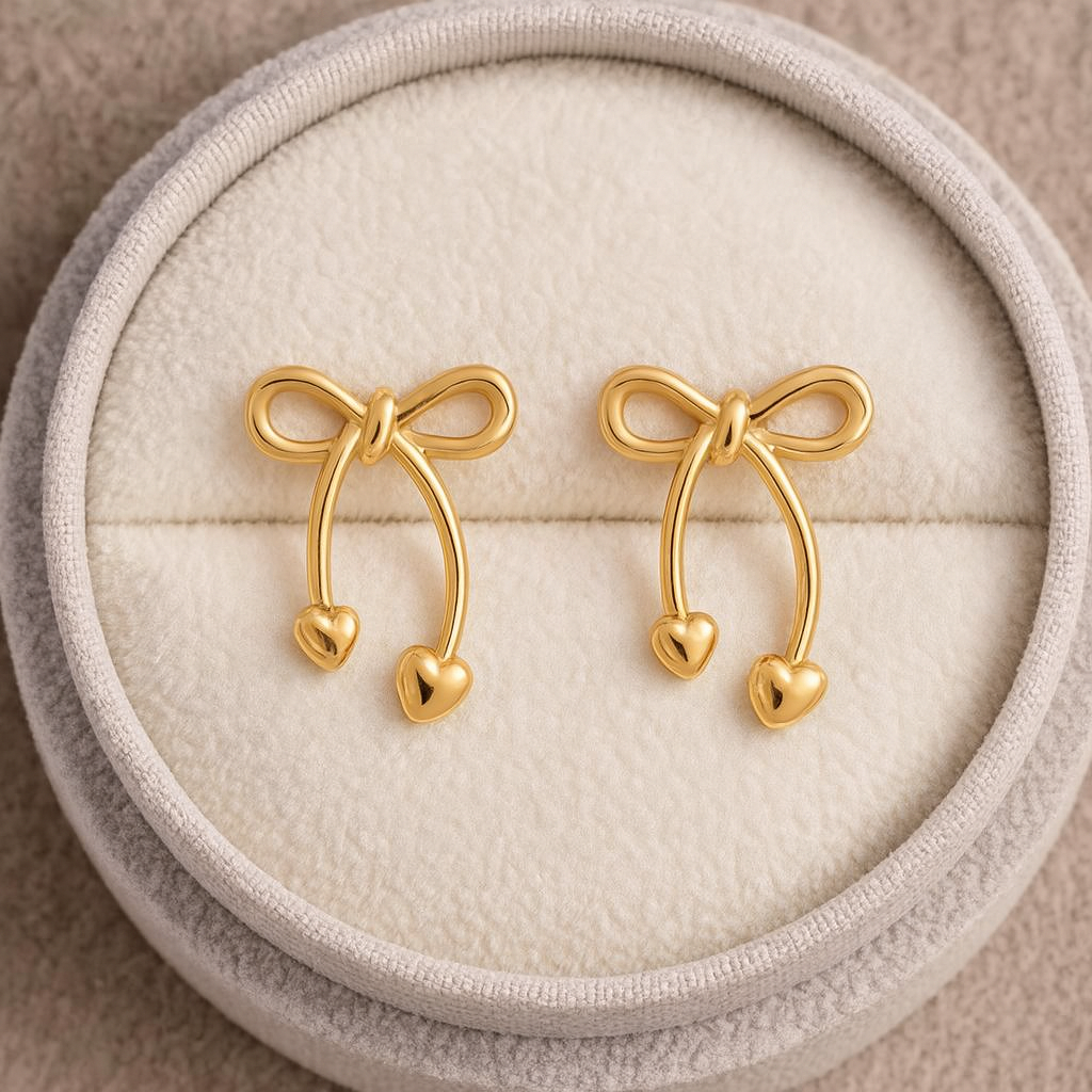 Bow Heart Drop Earrings 925 Sterling Silver Yellow Plated