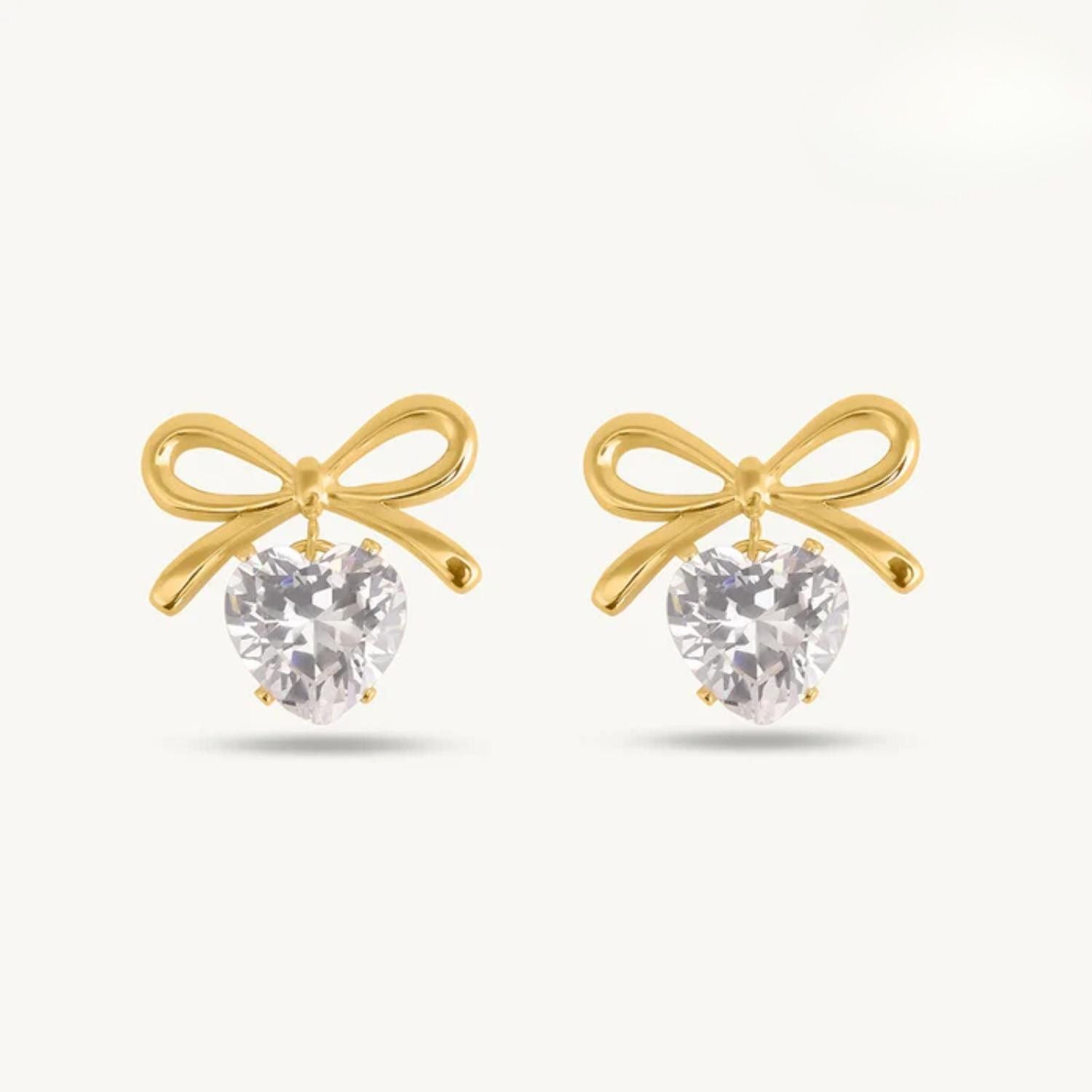 Bow White Stone Heart Stud Earrings 925 Sterling Silver Yellow Plated