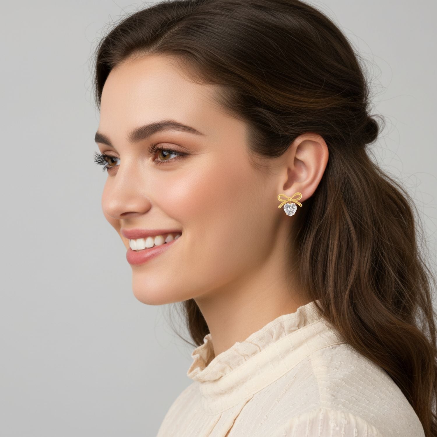 Bow White Stone Heart Stud Earrings 925 Sterling Silver Yellow Plated
