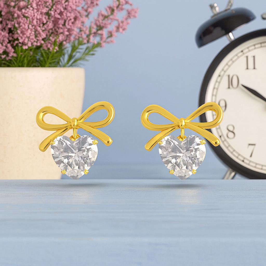 Bow White Stone Heart Stud Earrings 925 Sterling Silver Yellow Plated