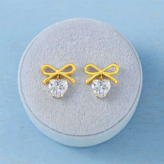 Bow Heart CZ Stud Earrings – 925 Sterling Silver