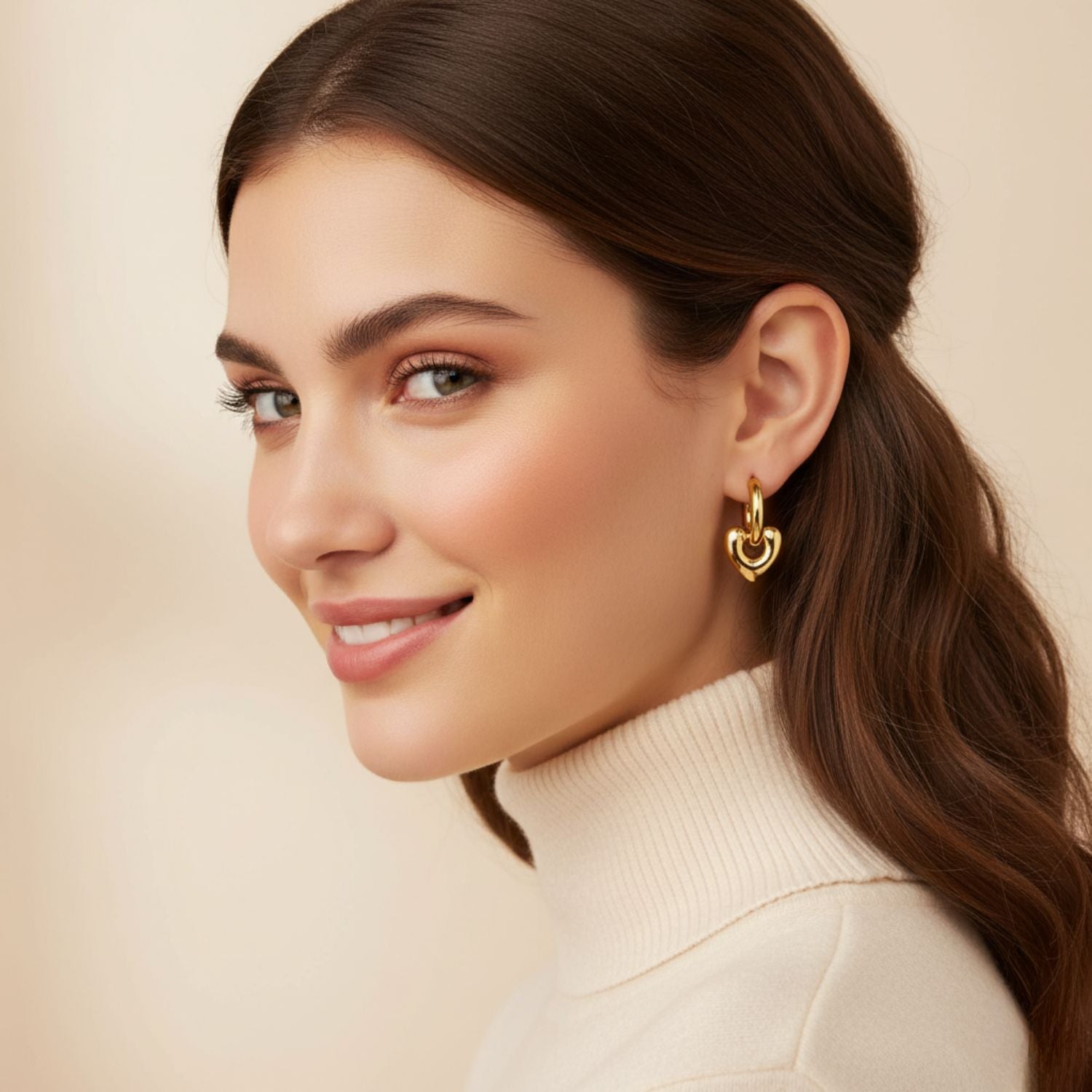 Heart Charm Hoop Earrings 925 Sterling Silver Yellow Plated