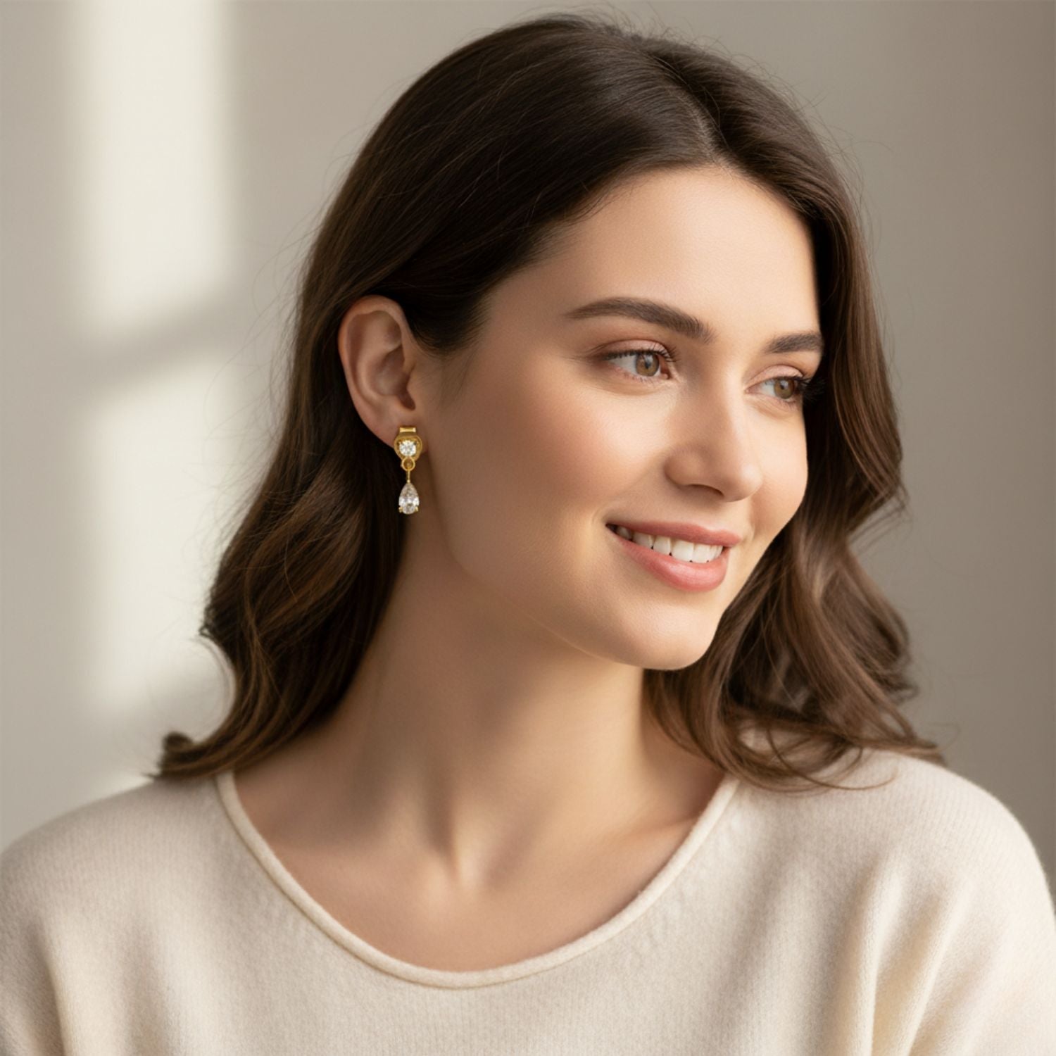 White Stone Teardrop Dangle Earrings 925 Sterling Silver Yellow Plated