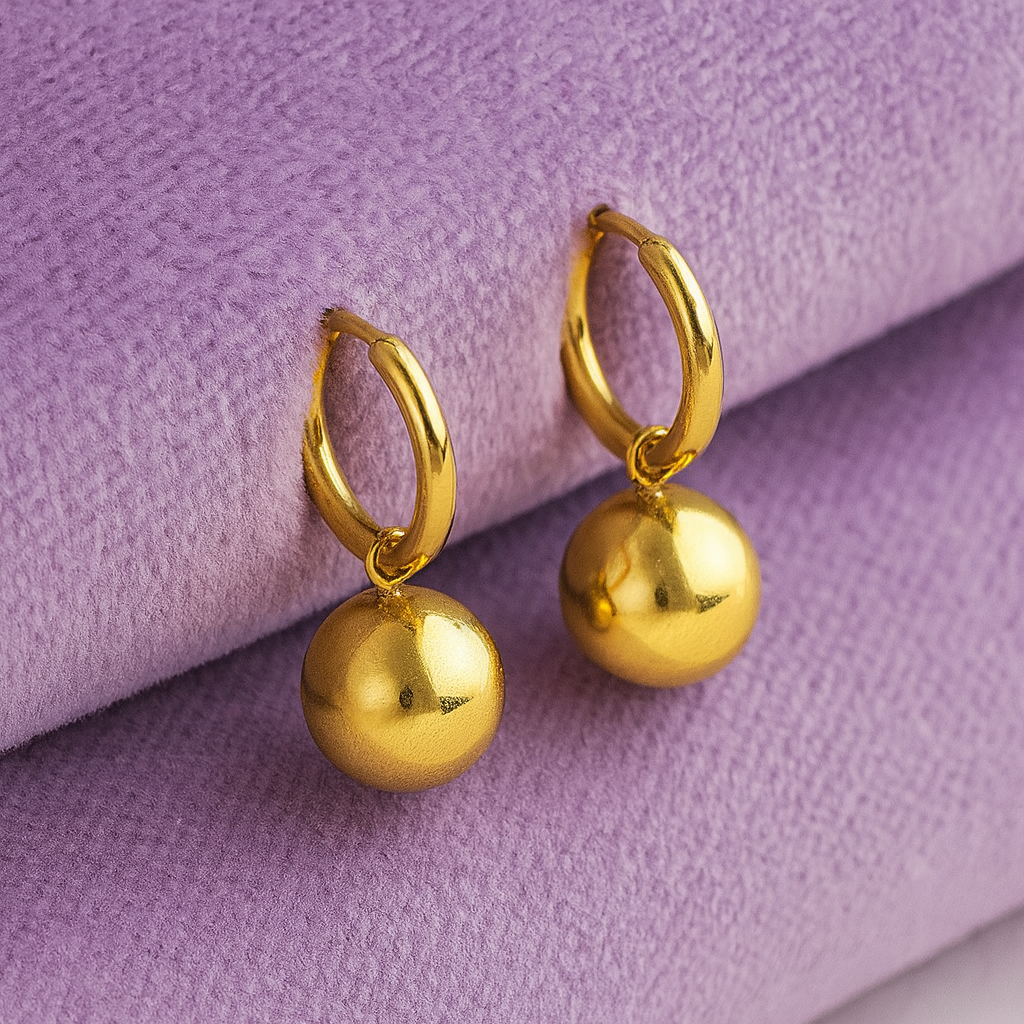 Gold Ball Drop Hoop Earrings 925 Sterling Silver Yellow Plated