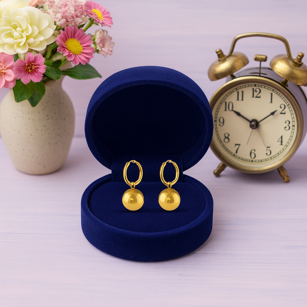 Gold Ball Drop Hoop Earrings 925 Sterling Silver Yellow Plated