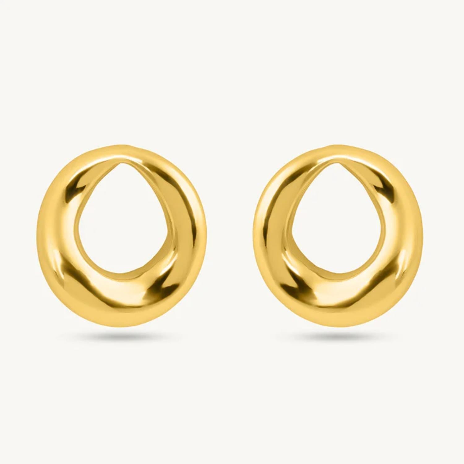 Organic Open Circle Stud Earrings 925 Sterling Silver Yellow Plated