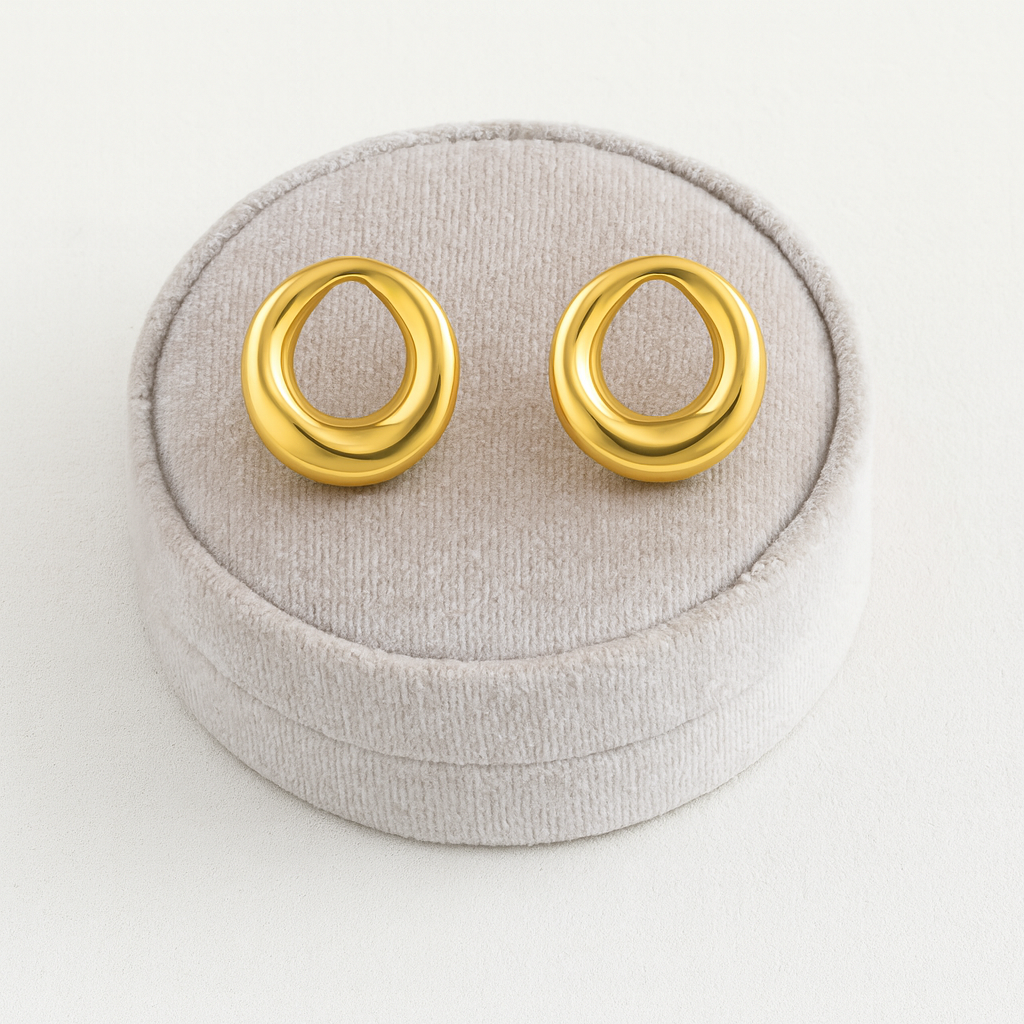 Organic Open Circle Stud Earrings 925 Sterling Silver Yellow Plated