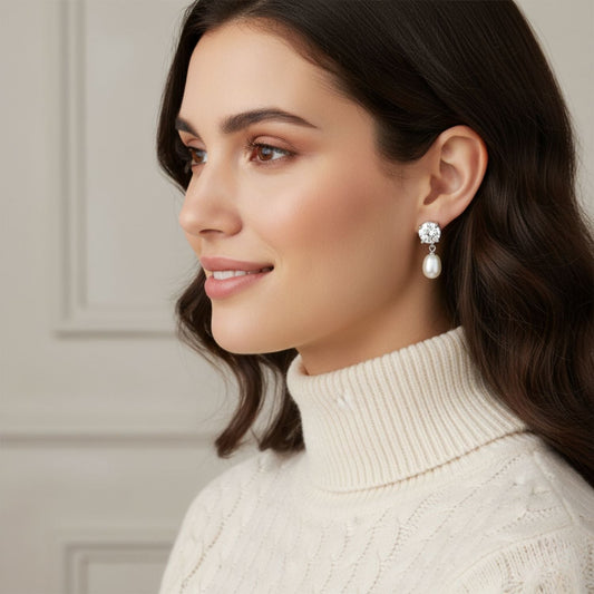 CZ Stud Teardrop Pearl Drop Earrings – 925 Sterling Silver