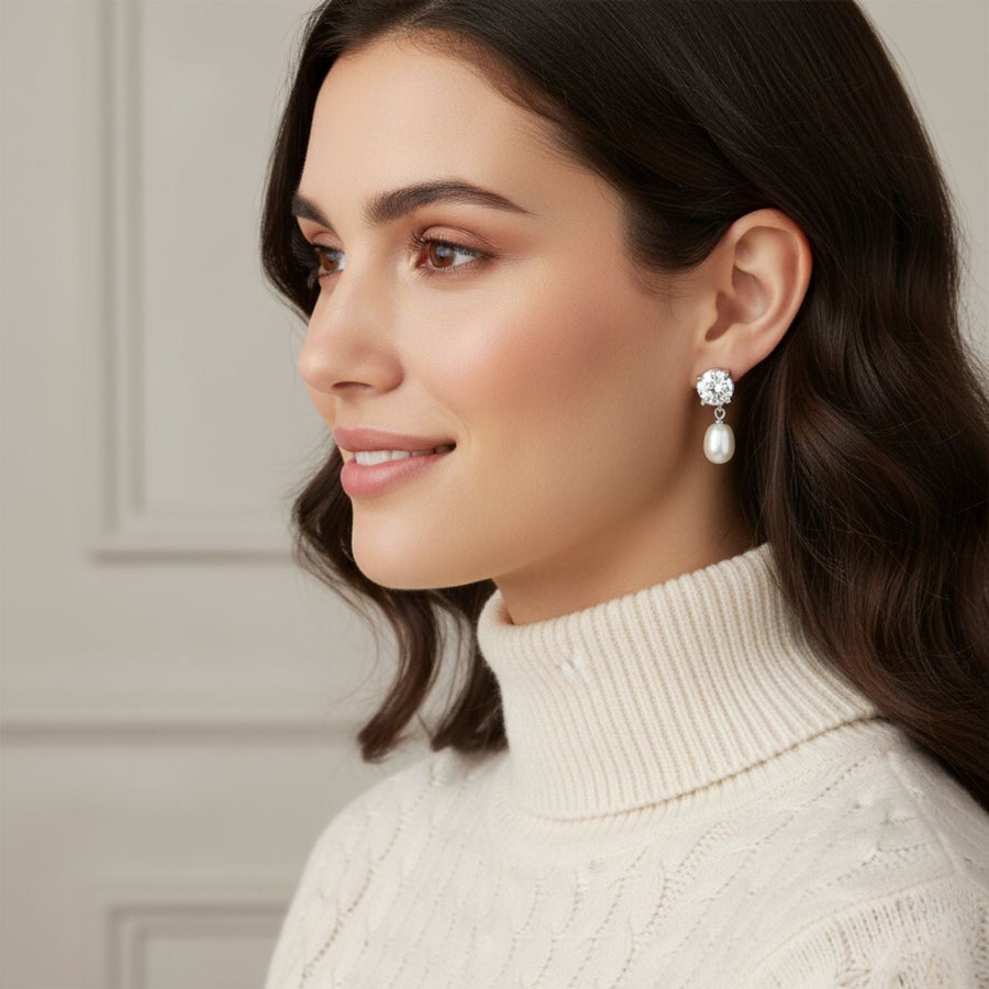 CZ Stud Teardrop Pearl Drop Earrings – 925 Sterling Silver