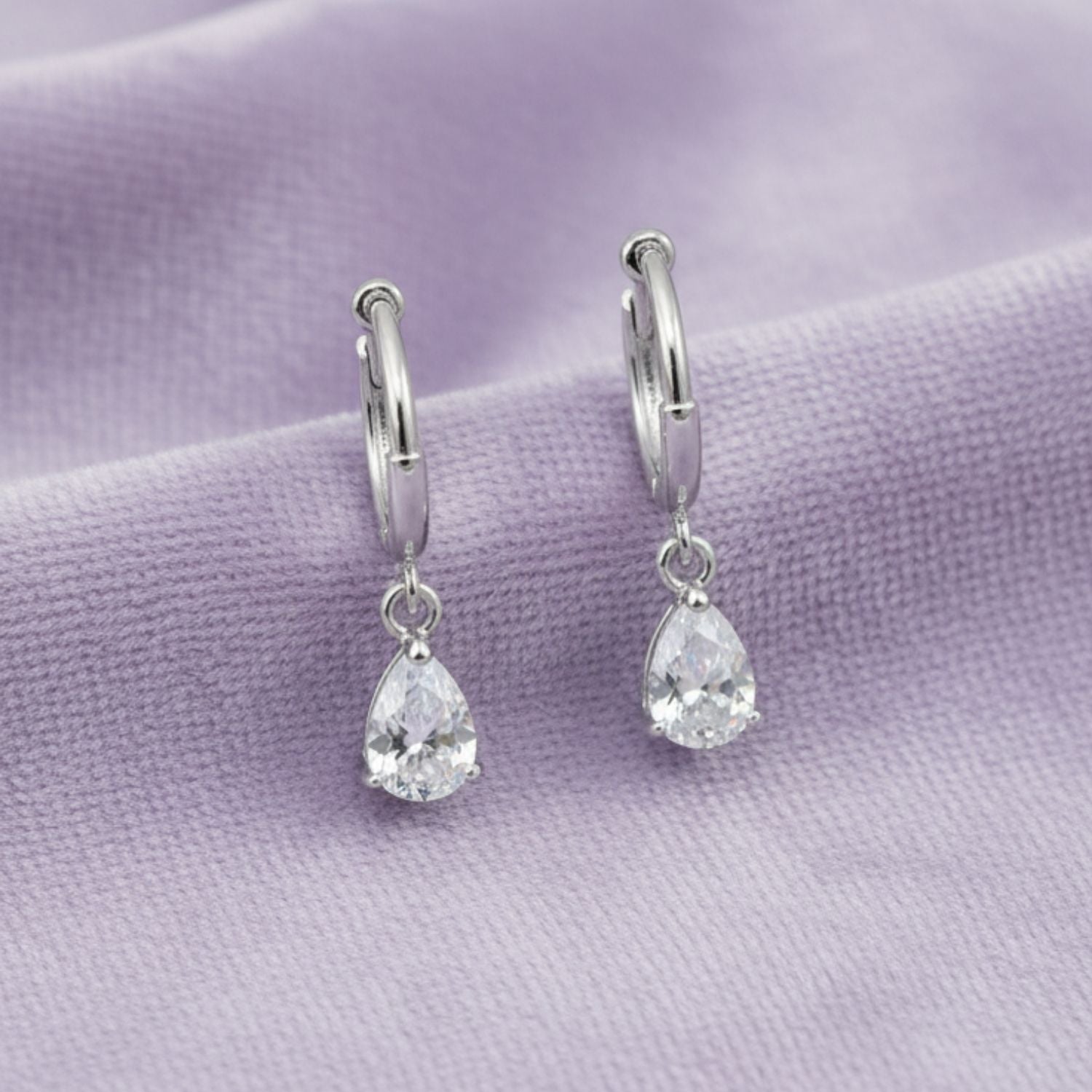 Pear CZ Drops Huggie Hoop Earrings 925 Sterling Silver