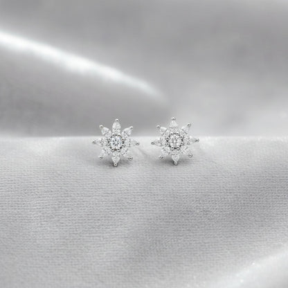 Snowflake Starburst CZ Cluster Stud Earrings – 925 Sterling Silver