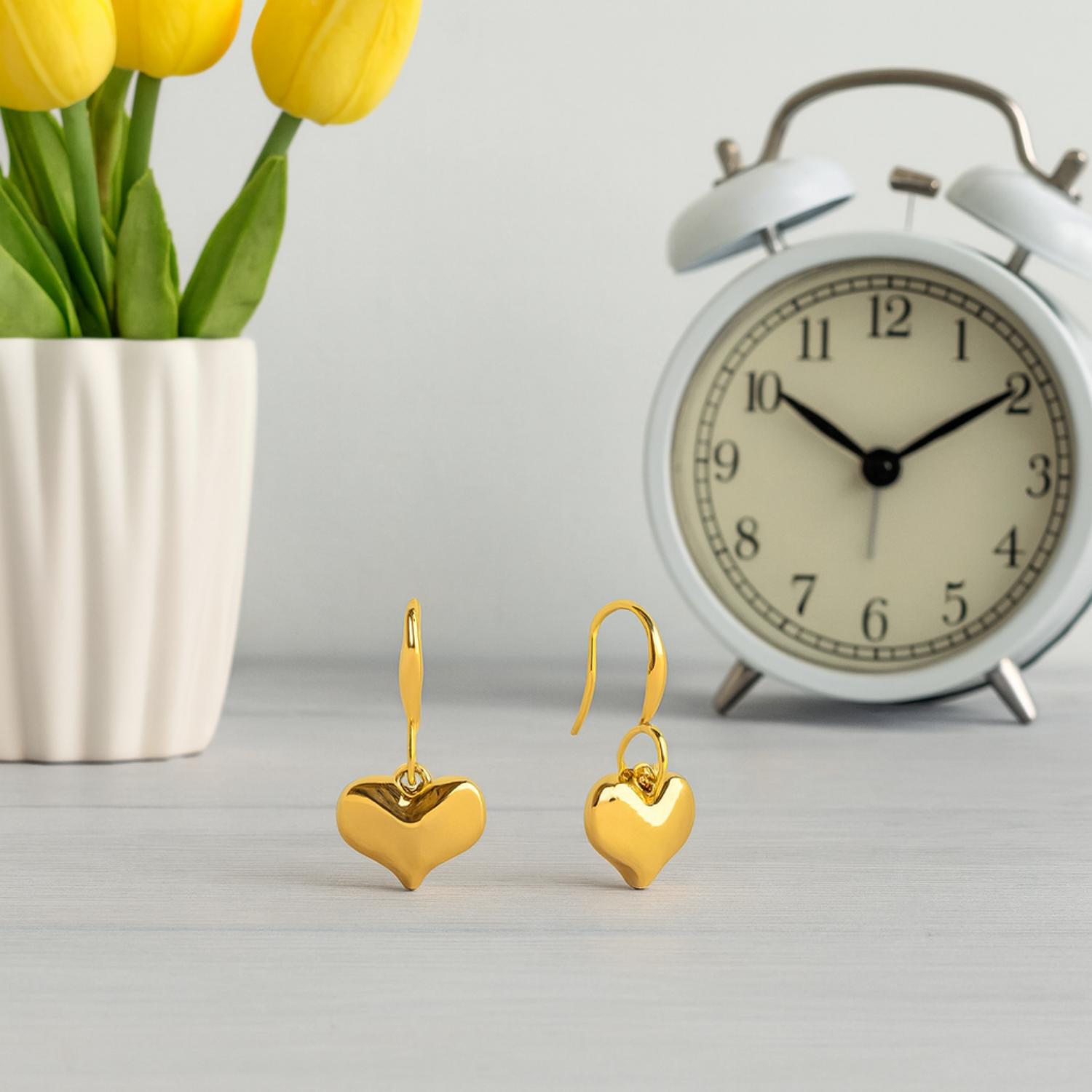 Elegant Heart Drop Dangle Earrings 925 Sterling Silver Yellow Plated