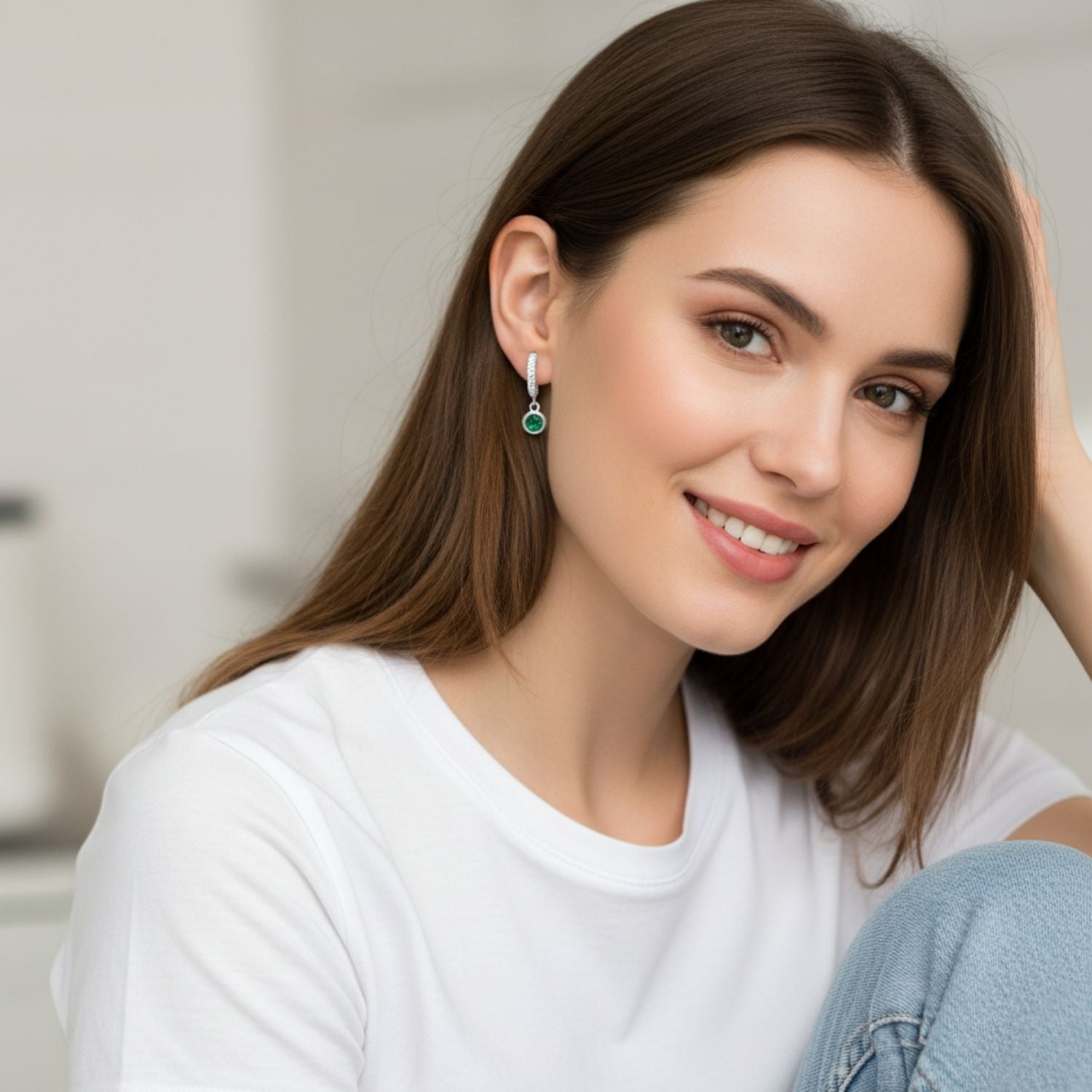 Green CZ Huggie Hoop Earrings 925 Sterling Silver