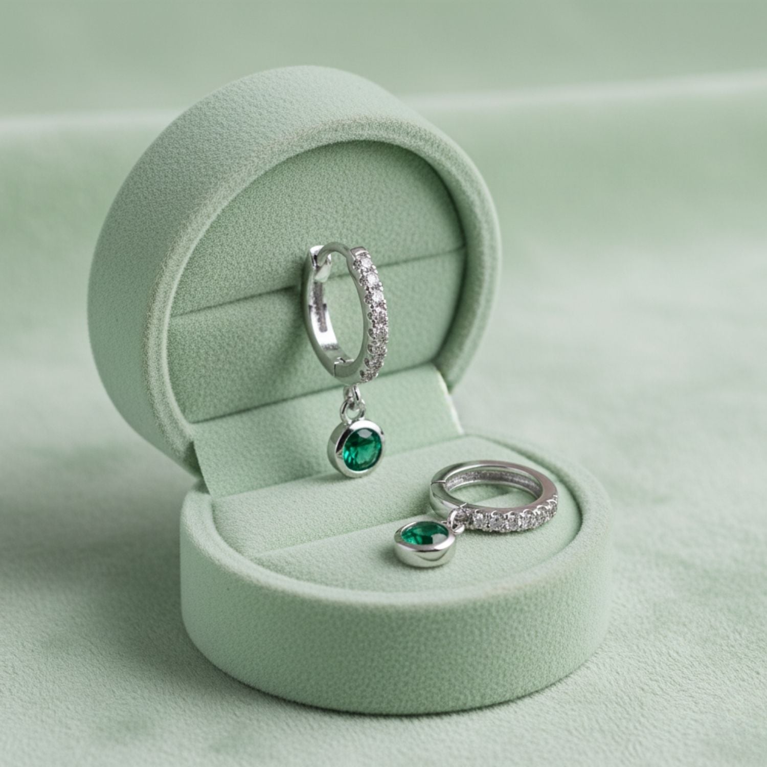 Green CZ Huggie Hoop Earrings 925 Sterling Silver