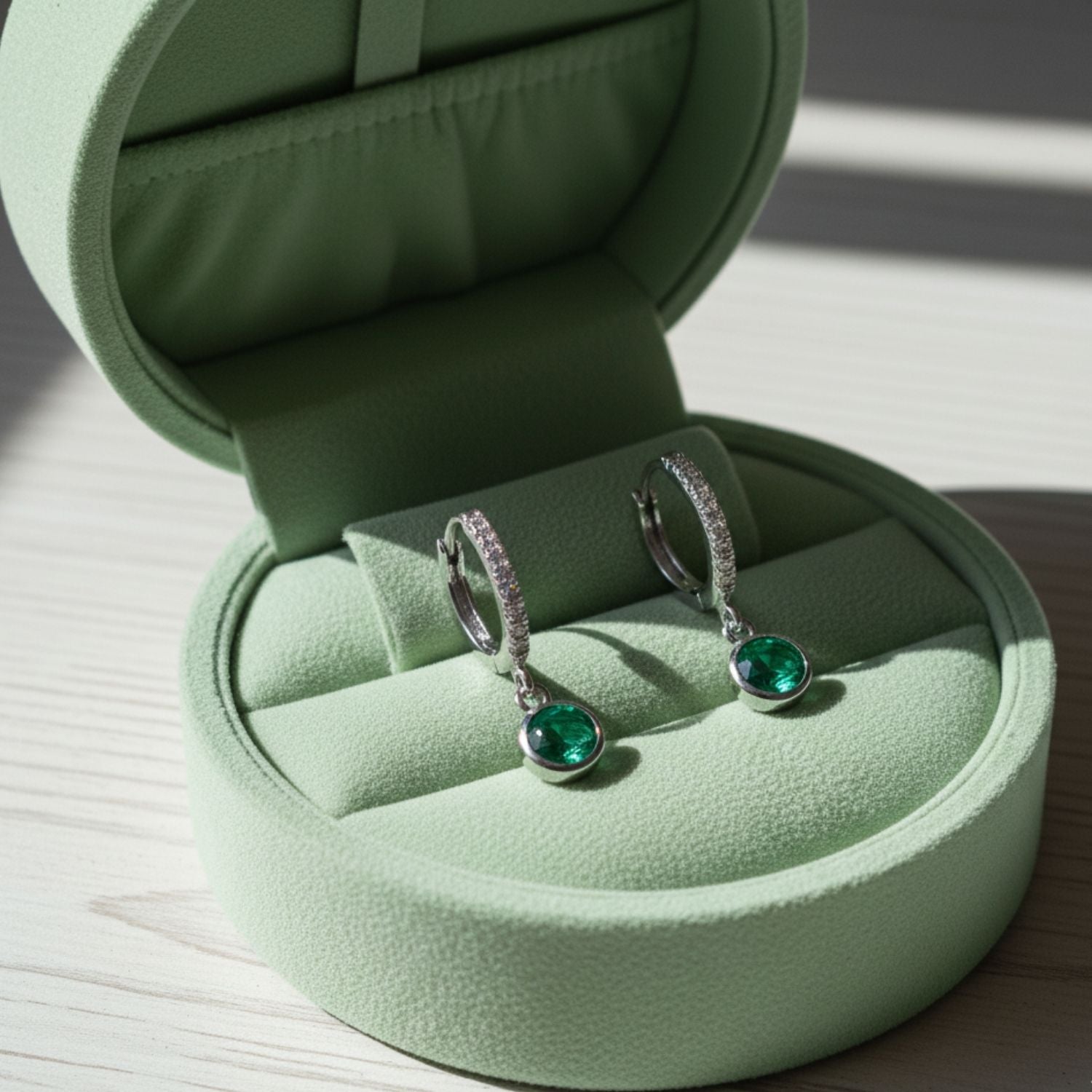 Green CZ Huggie Hoop Earrings 925 Sterling Silver