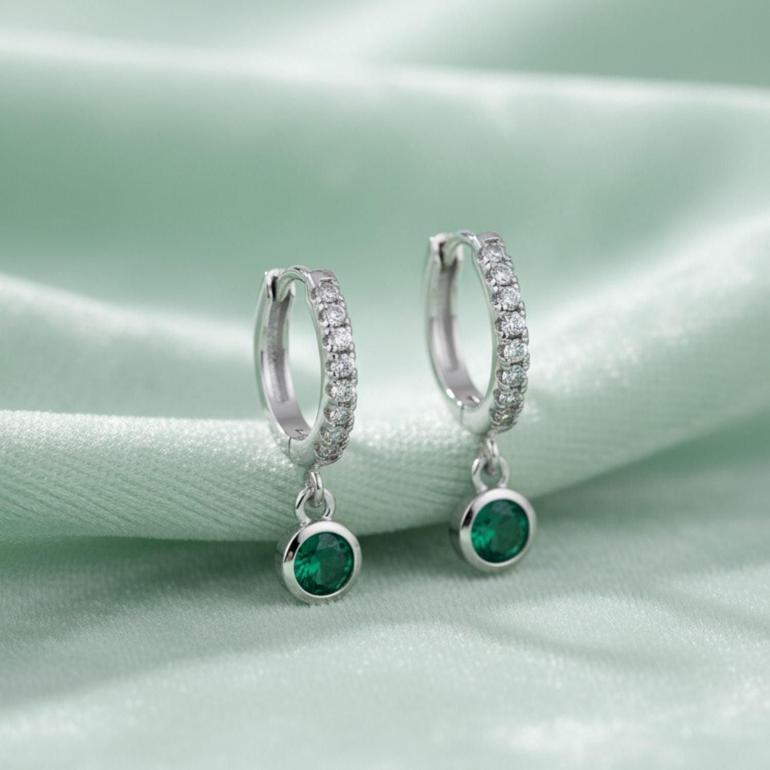 Green CZ Huggie Hoop Earrings 925 Sterling Silver