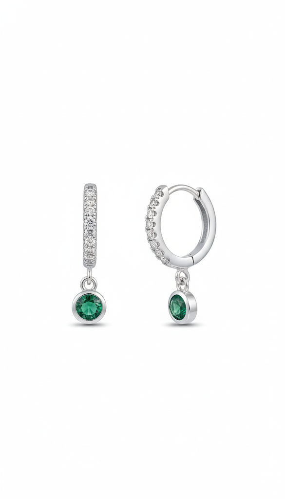 Green CZ Huggie Hoop Earrings 925 Sterling Silver