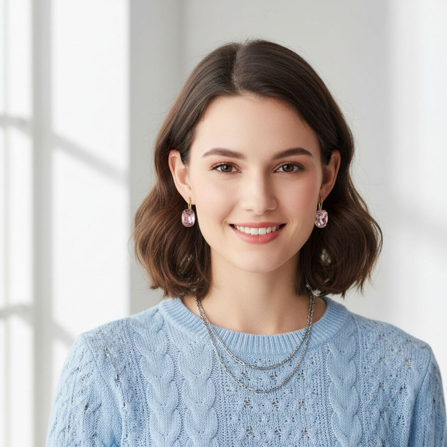 Cushion-Cut Pink Crystal Drop Earrings – 925 Sterling Silver