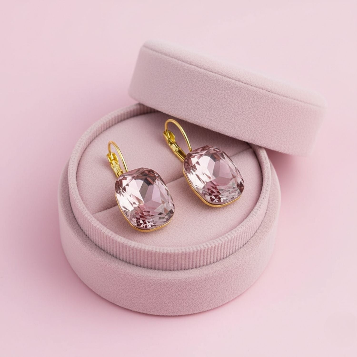 Cushion-Cut Pink Crystal Drop Earrings 925 Sterling Silver Yellow Plated