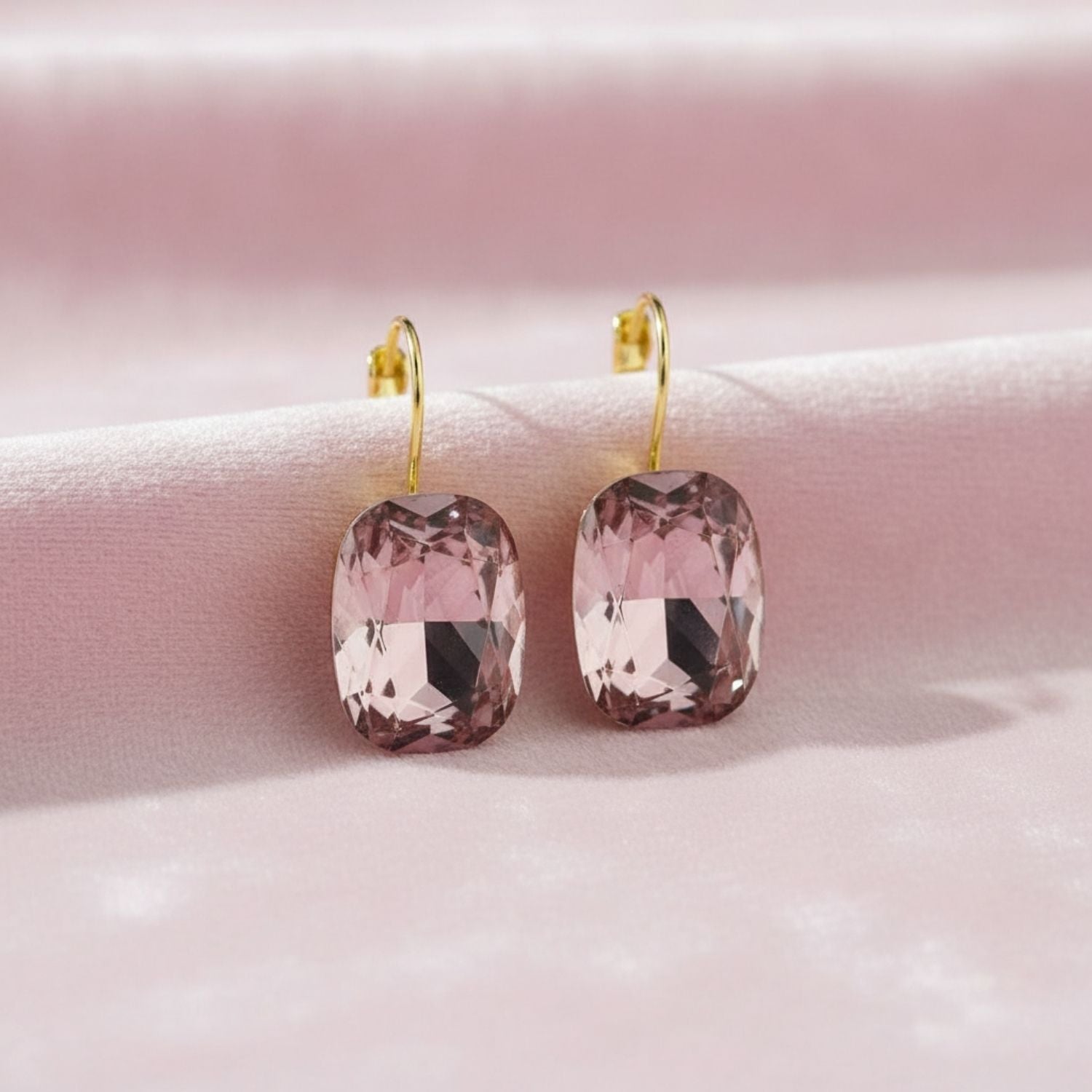 Cushion-Cut Pink Crystal Drop Earrings 925 Sterling Silver Yellow Plated