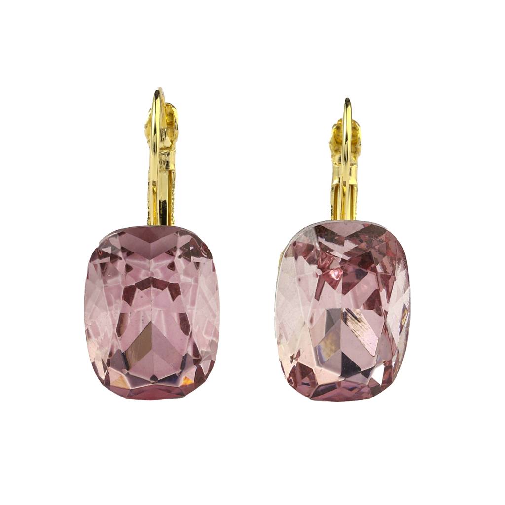 Cushion-Cut Pink Crystal Drop Earrings 925 Sterling Silver Yellow Plated