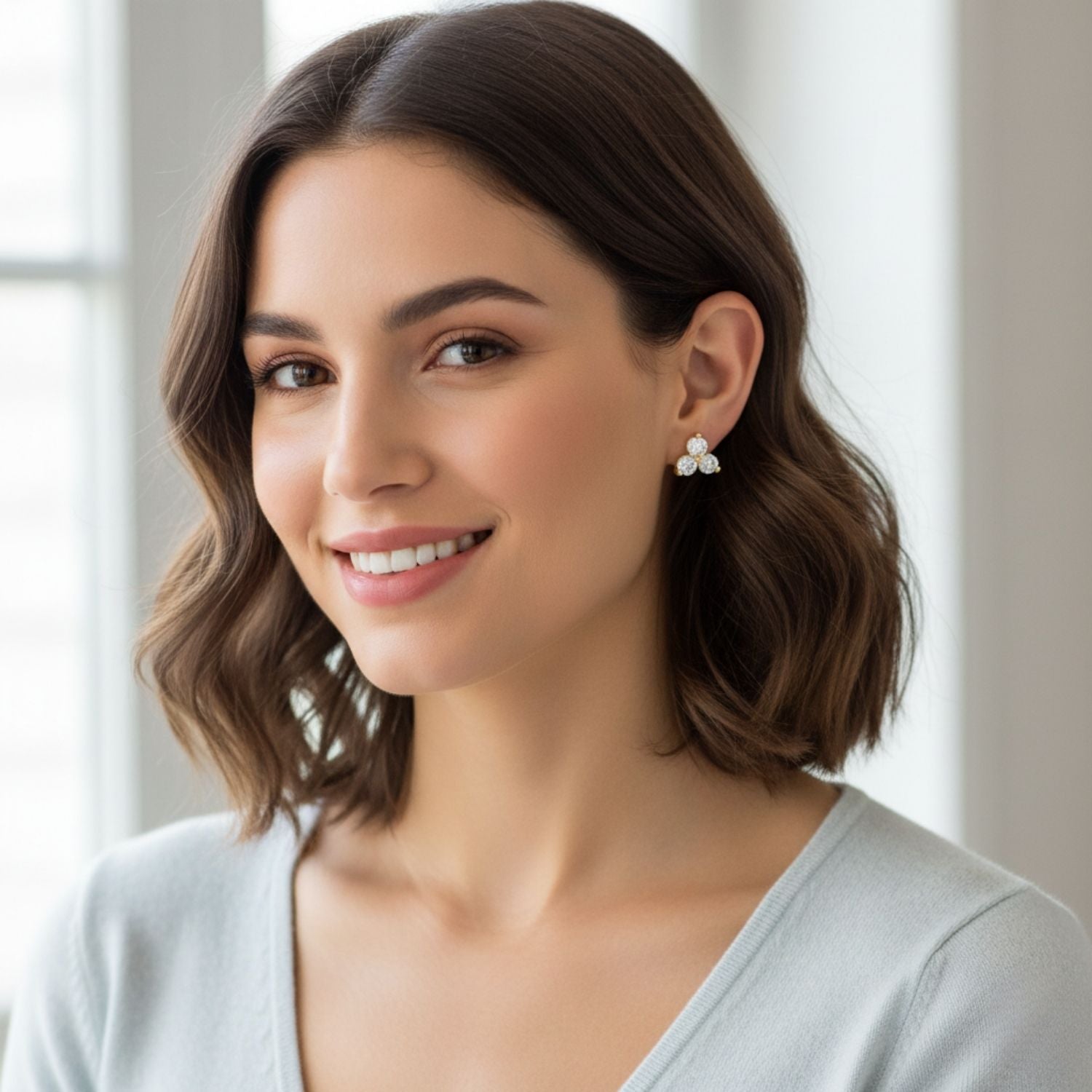 Triple CZ Stud Earrings 925 Sterling Silver Yellow Plated