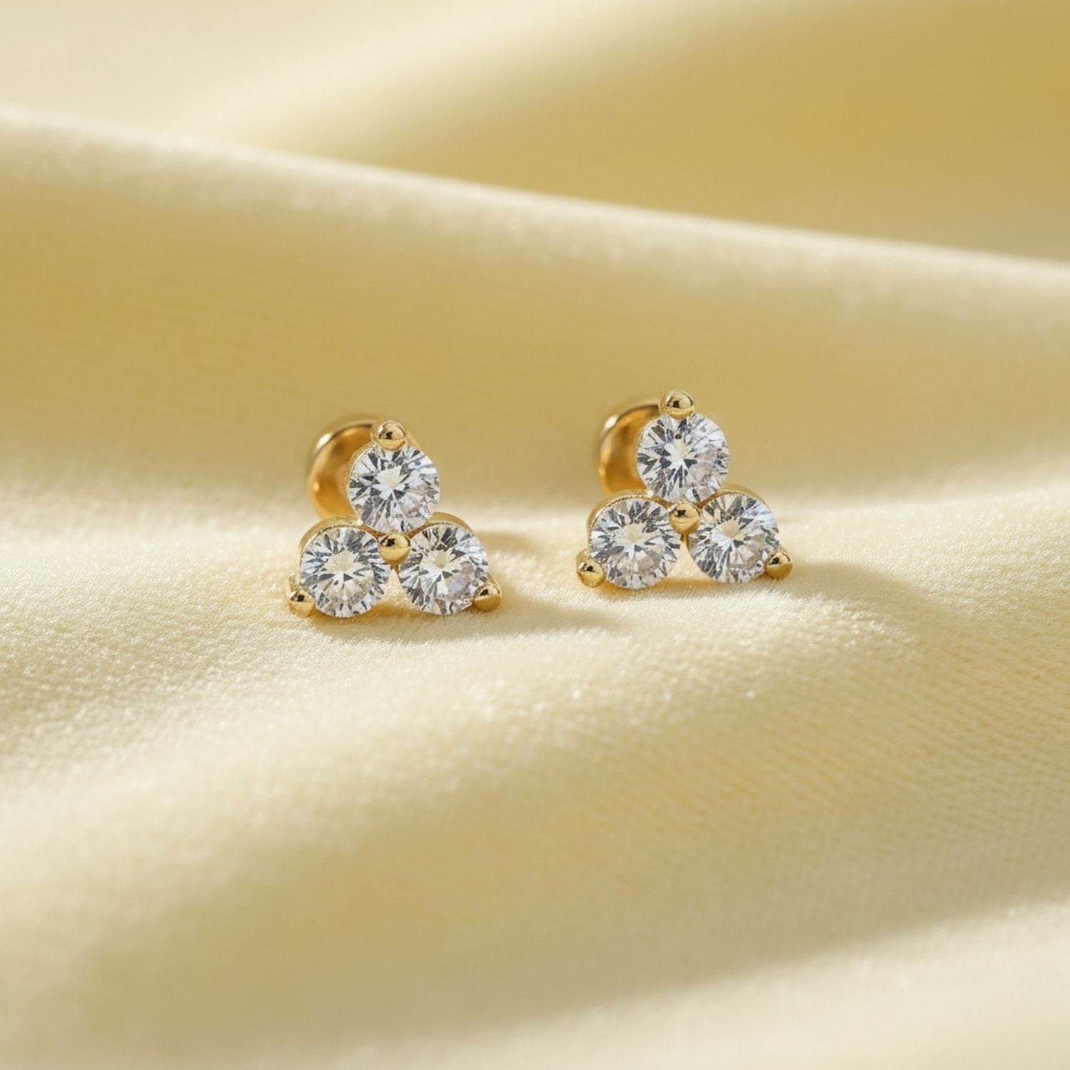 Triple CZ Stud Earrings 925 Sterling Silver Yellow Plated