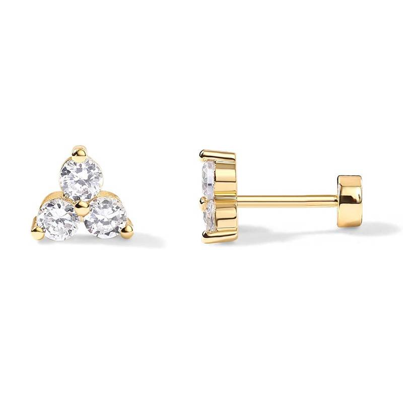 Triple CZ Stud Earrings 925 Sterling Silver Yellow Plated