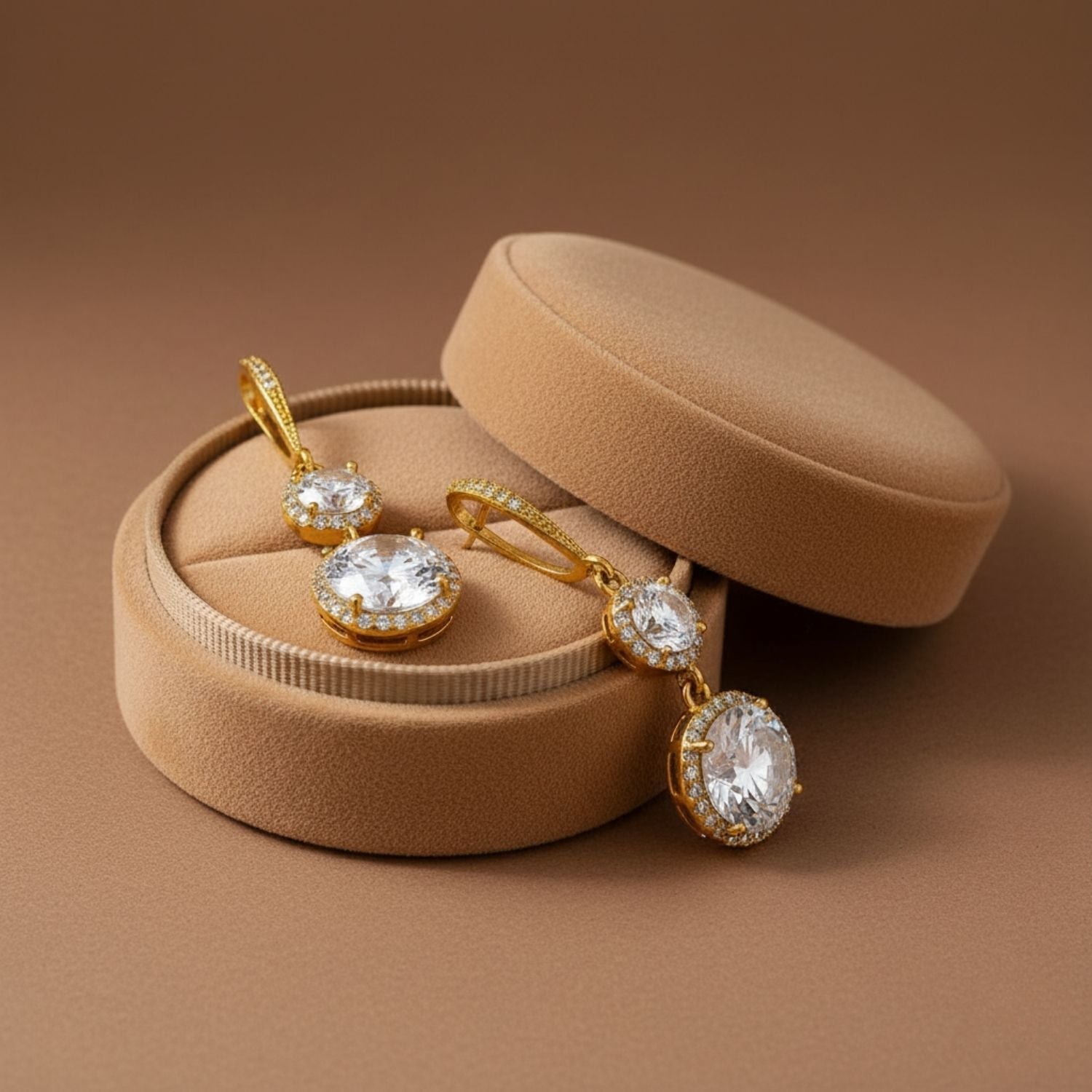 Double Halo CZ Drop Earrings 925 Sterling Silver Yellow Plated