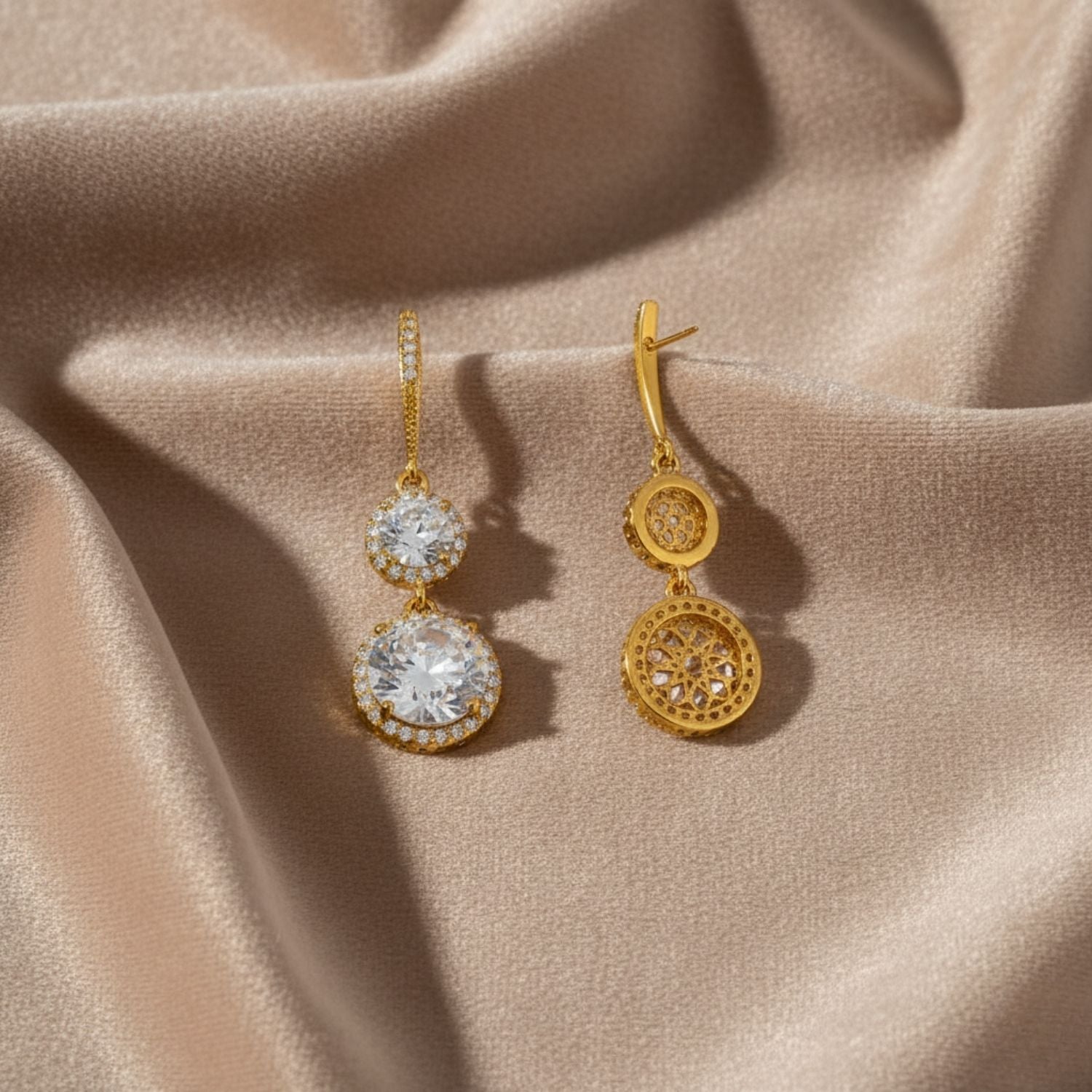 Double Halo CZ Drop Earrings 925 Sterling Silver Yellow Plated