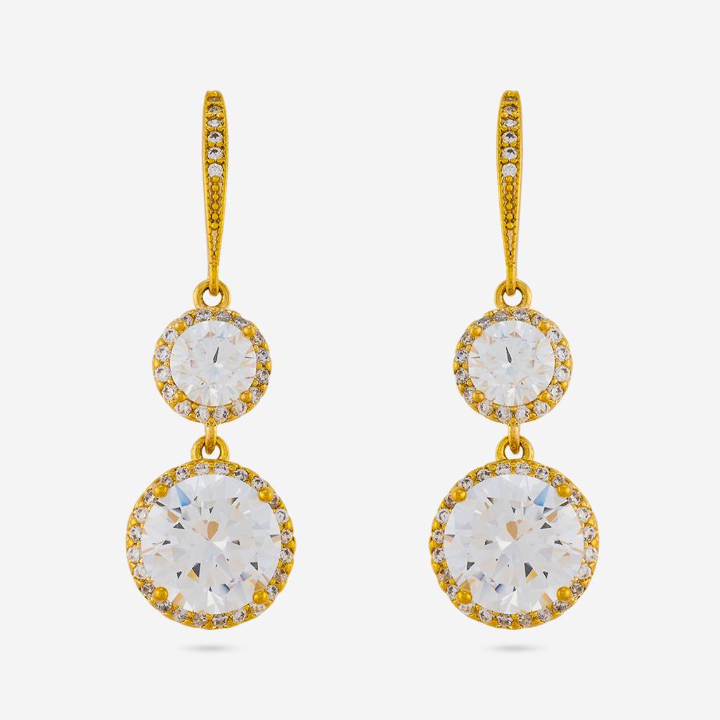 Double Halo CZ Drop Earrings 925 Sterling Silver Yellow Plated