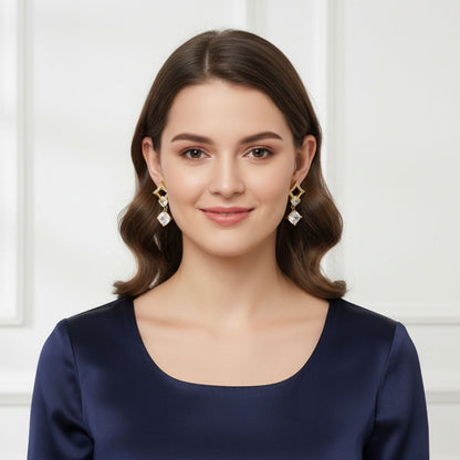 Geometric Diamond Frame CZ Drop Earrings – 925 Sterling Silver