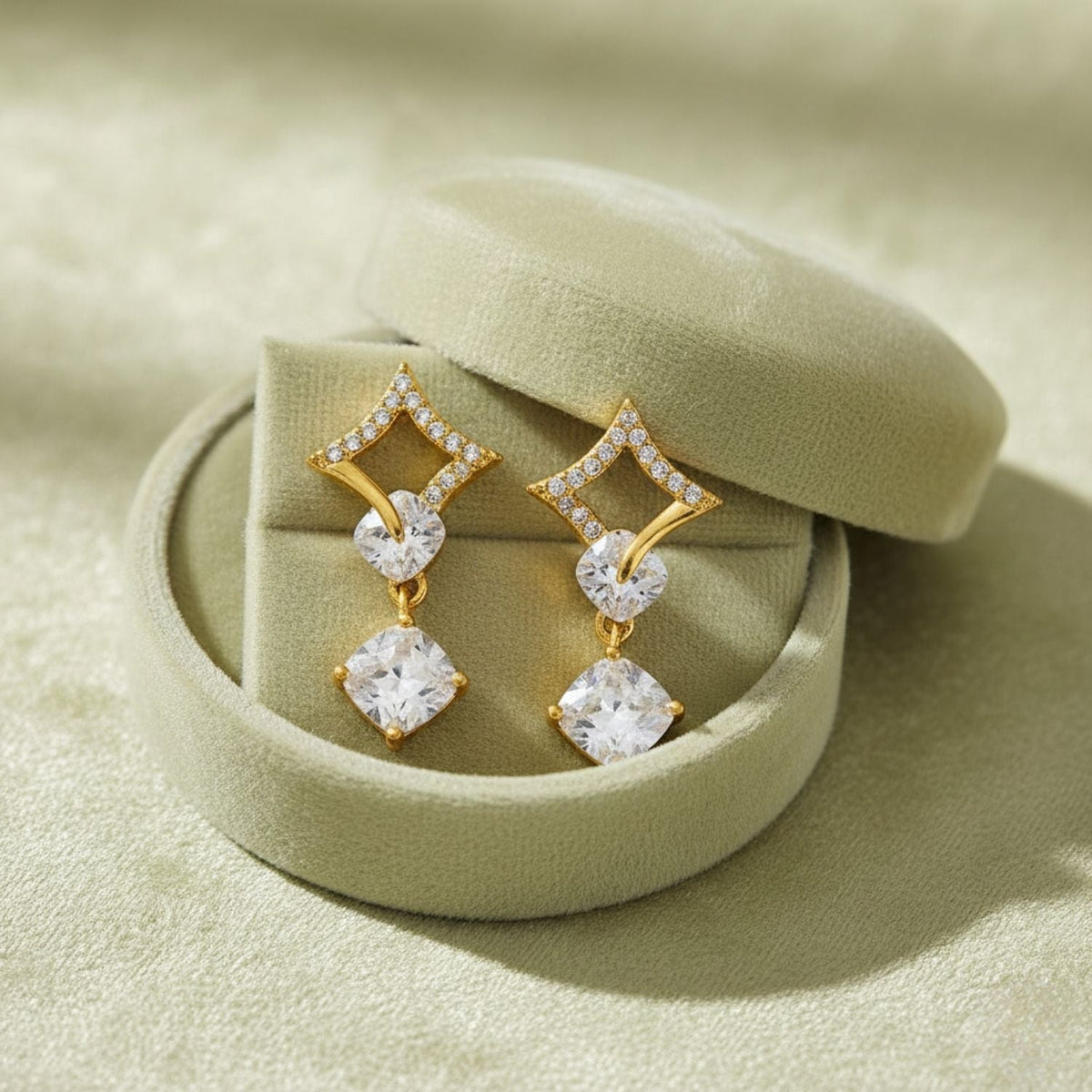 Geometric Diamond Frame CZ Drop Earrings – 925 Sterling Silver