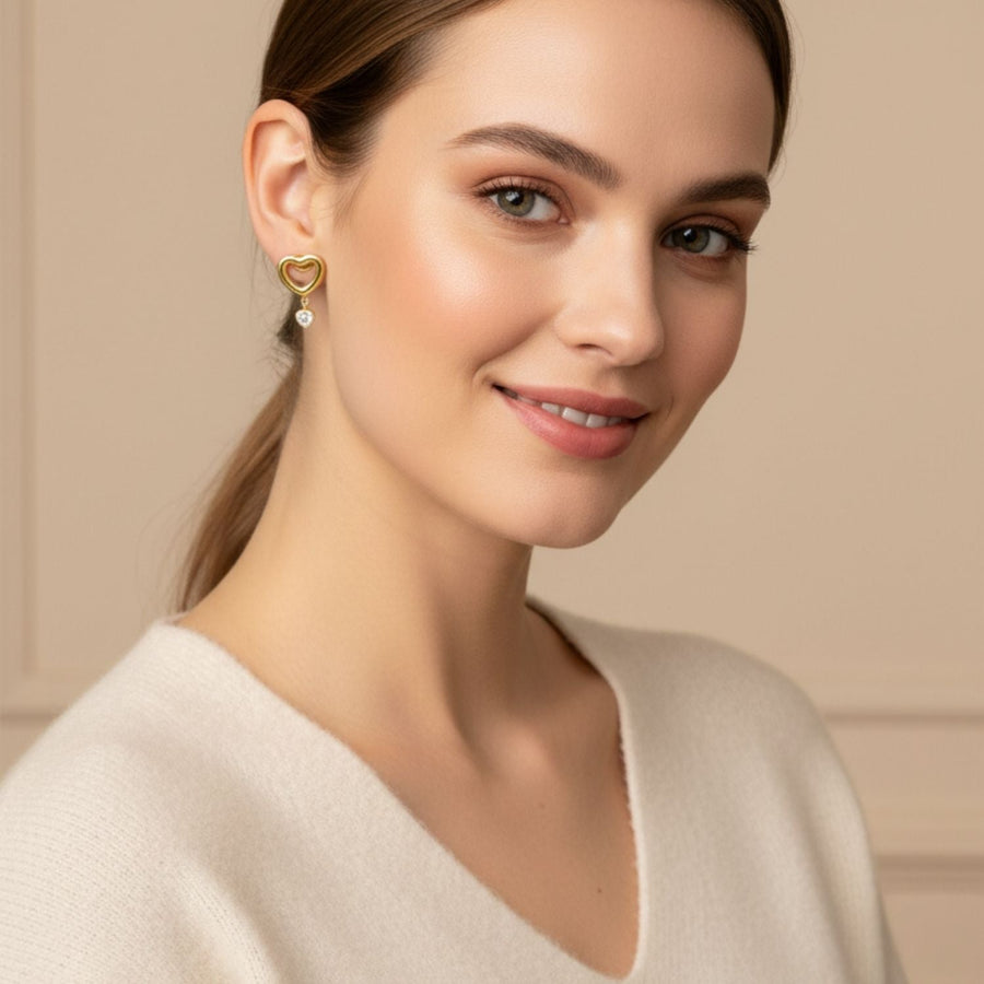 Open Heart Drop Earrings with CZ Heart – 925 Sterling Silver