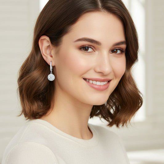 Round Halo CZ Dangle Earrings – 925 Sterling Silver