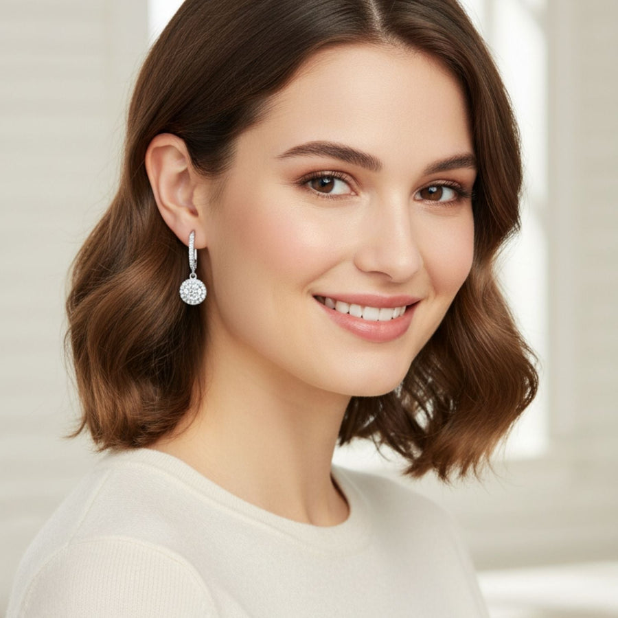 Round Halo CZ Dangle Earrings – 925 Sterling Silver