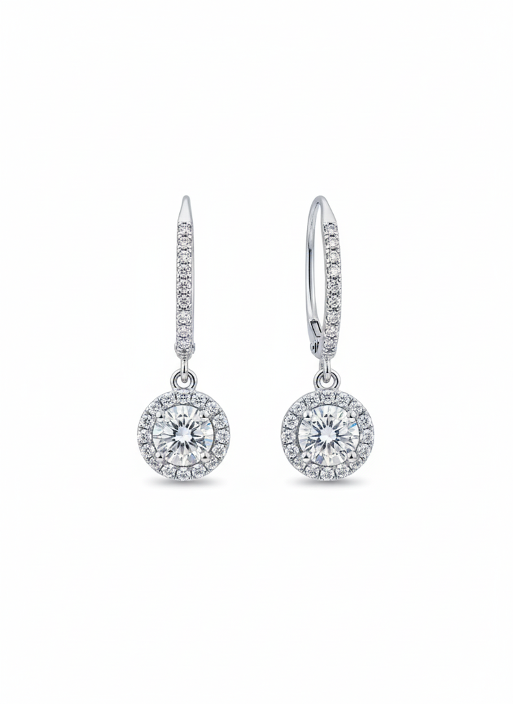 Halo CZ Drop Earrings 925 Sterling Silver