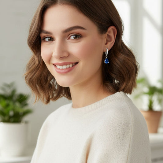 Pear-Cut Blue CZ Drop Earrings with Pave Hoop – 925 Sterling Silver