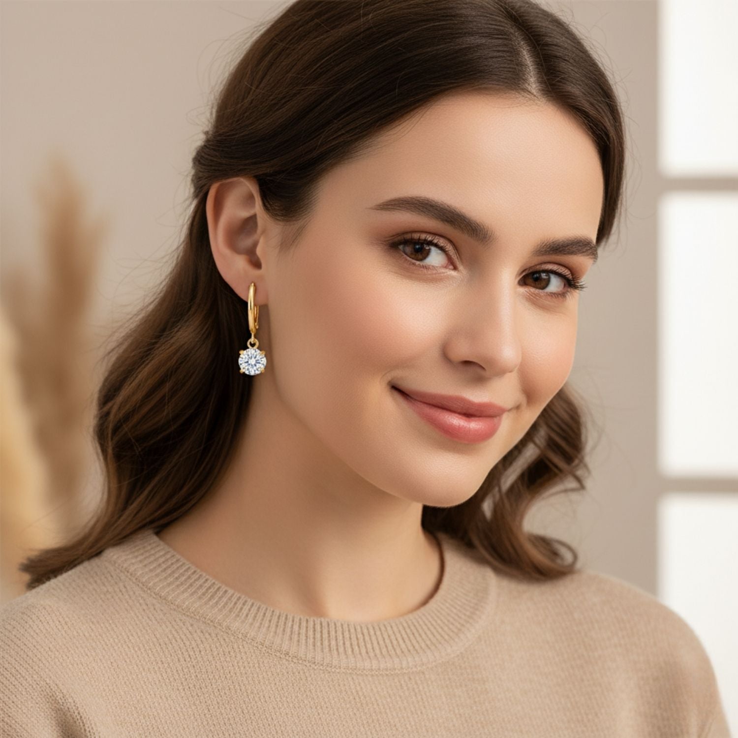 Classic Round CZ Drop Earrings 925 Sterling Silver Yellow Plated