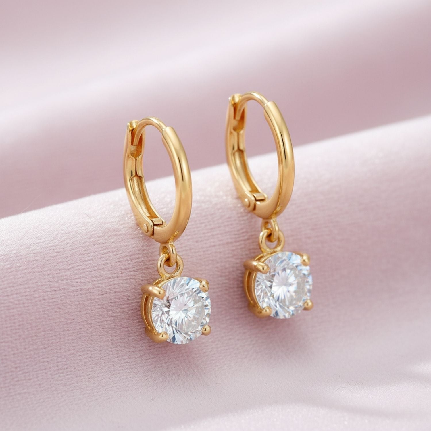 Classic Round CZ Drop Earrings 925 Sterling Silver Yellow Plated