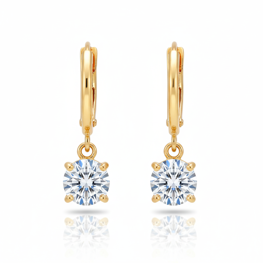 Classic Round CZ Drop Earrings 925 Sterling Silver Yellow Plated